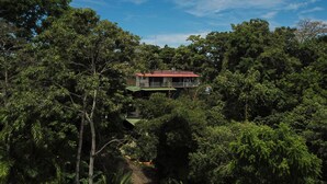 Una casa immersa in una fitta foresta, con un cielo sereno.