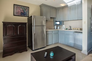 Full-sized fridge, microwave, oven, stovetop