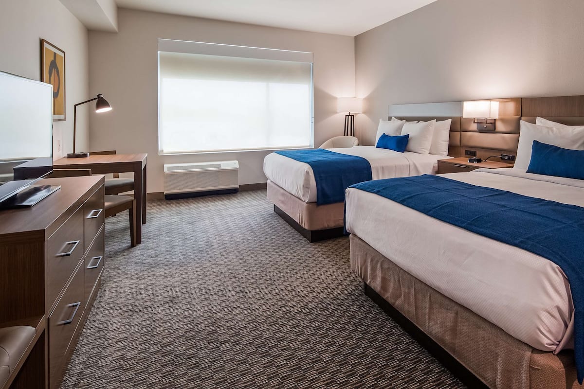 Standard Room, 2 Queen Beds, Non Smoking, Refrigerator | In-room safe, desk, laptop workspace, iron/ironing board