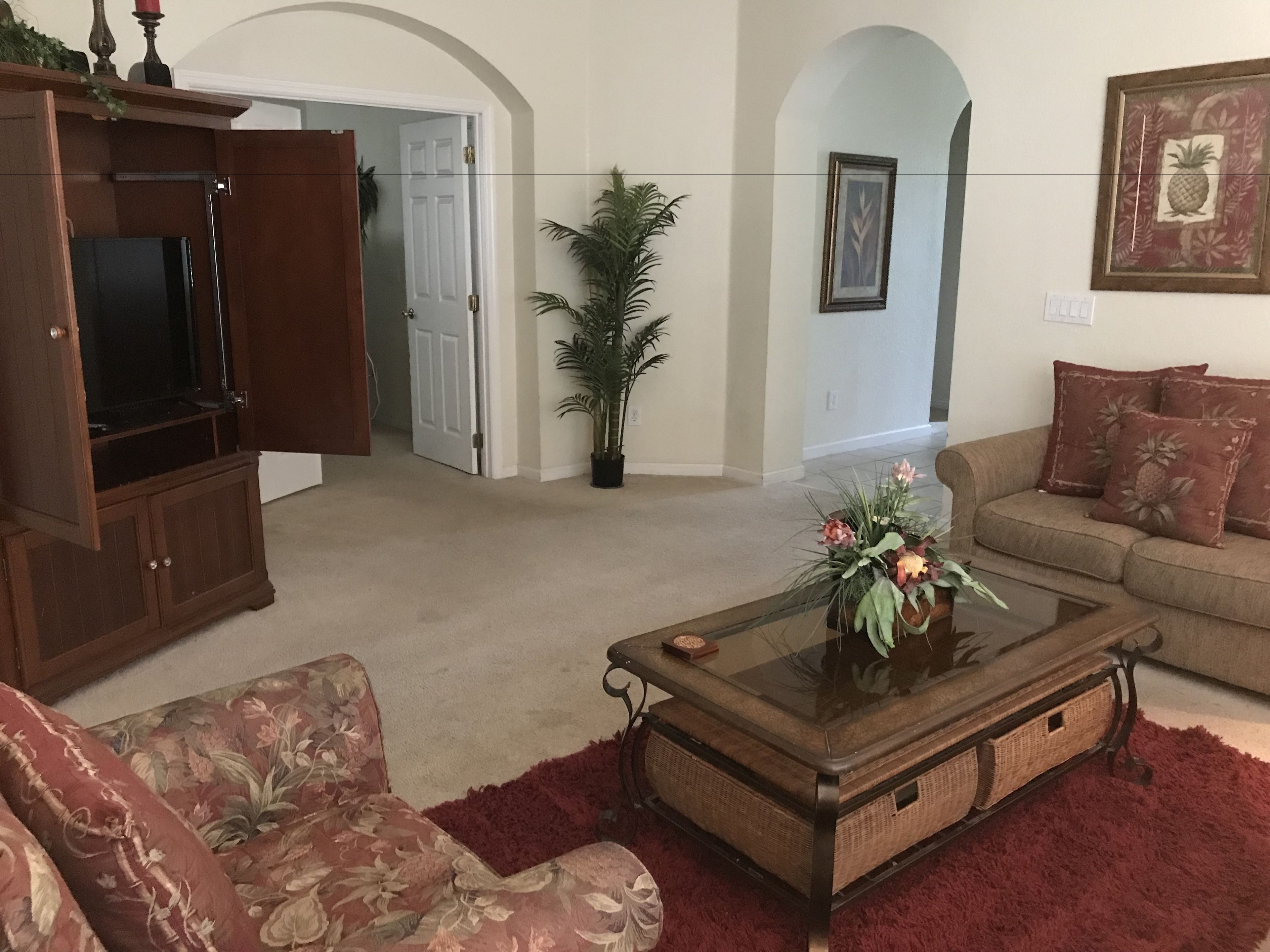 A living room with a television, sofa, and coffee table.