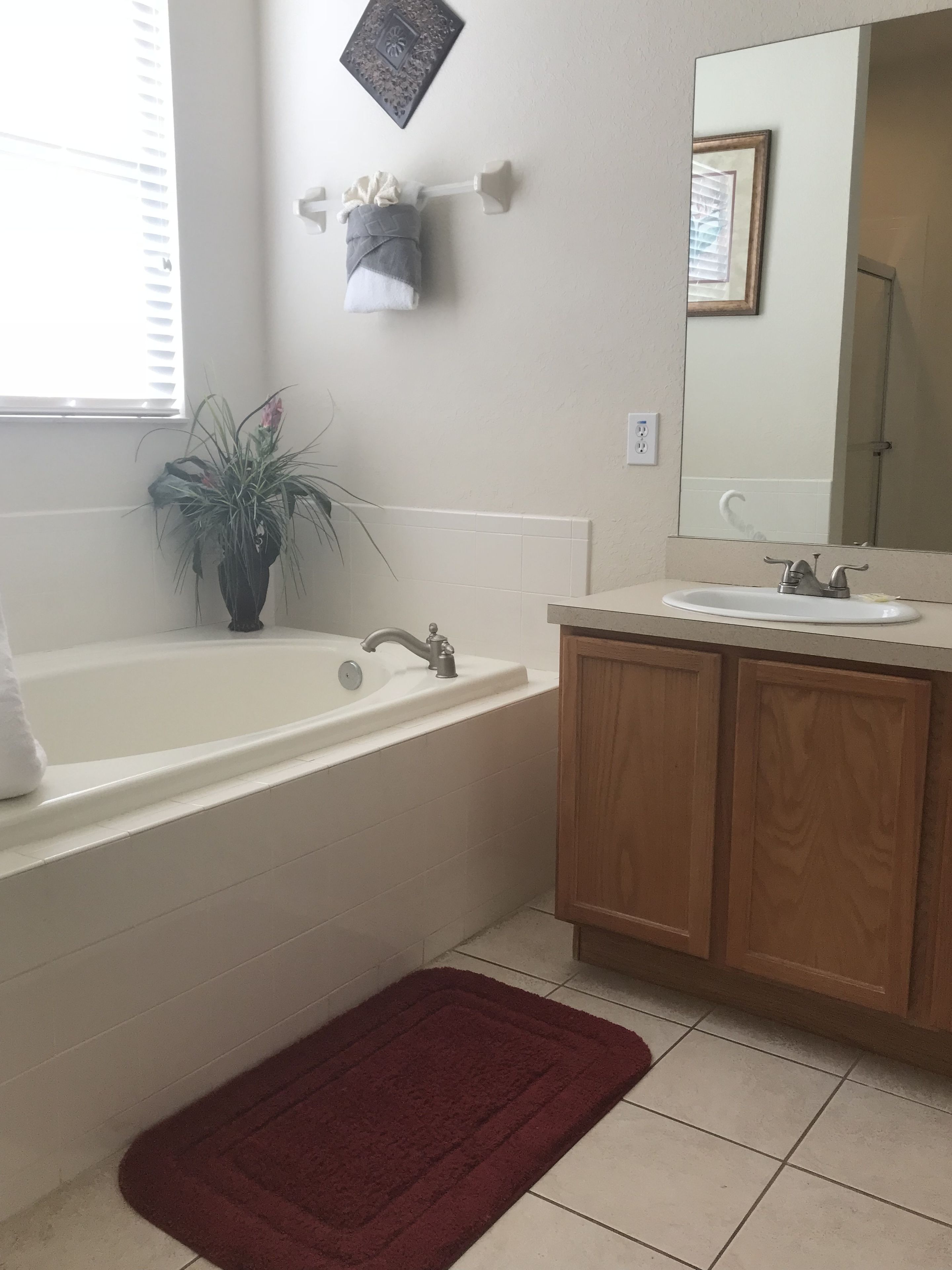 A bathroom with a bathtub, sink, wooden cabinets, a mirror, a potted plant, and a red rug.