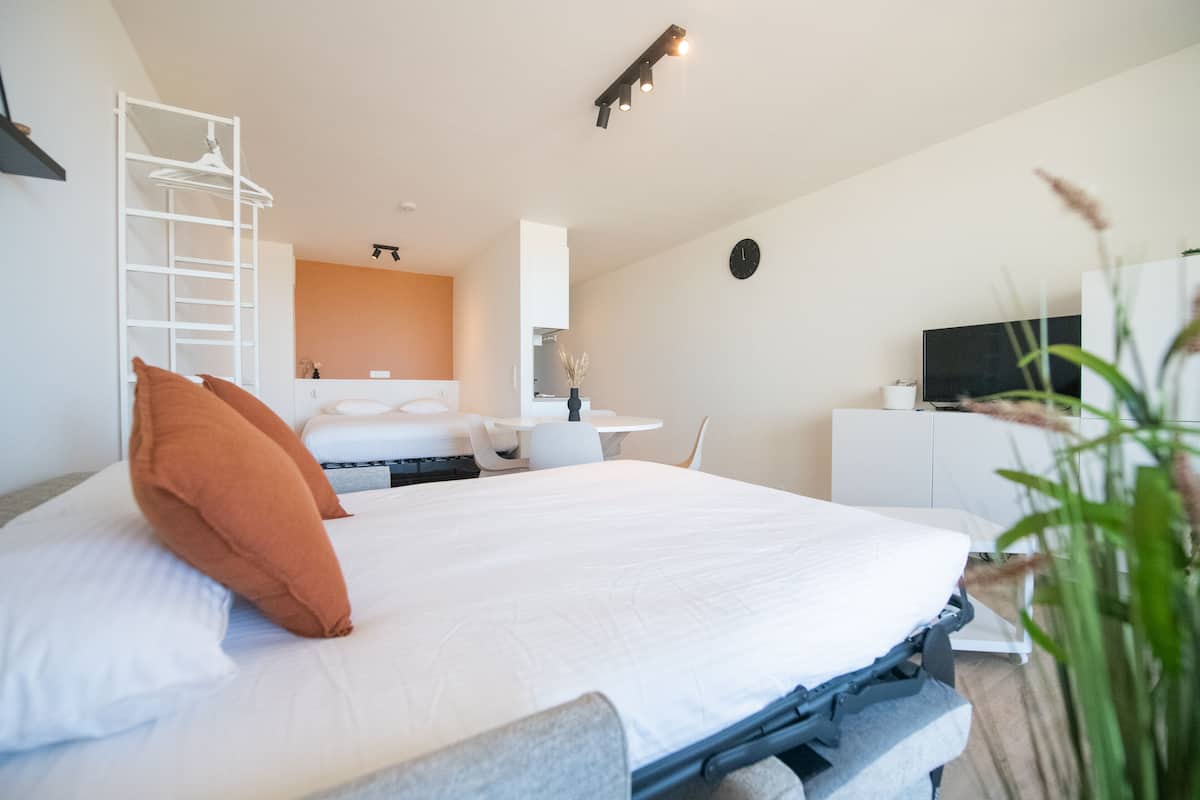 Une chambre moderne comprenant un lit, un bureau, une chaise, un téléviseur et une armoire.