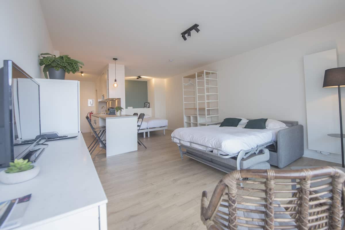 Un espace de vie moderne et compact comprenant un coin cuisine, un canapé-lit, un coin repas et un espace de travail.