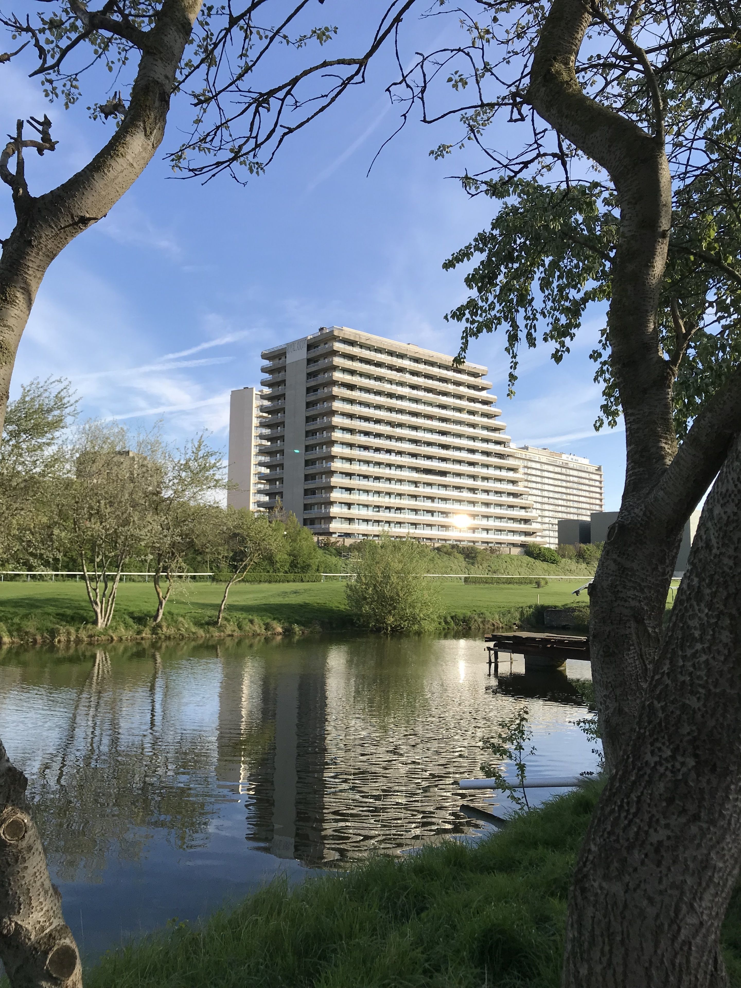 Un edificio de varios pisos con fachada uniforme, rodeado de árboles y una masa de agua.