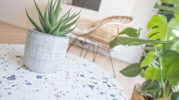 Une table ronde à la surface texturée, une plante succulente en pot et, au fond, une chaise en osier.