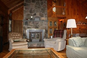 电视、壁炉、DVD 播放器、影片库