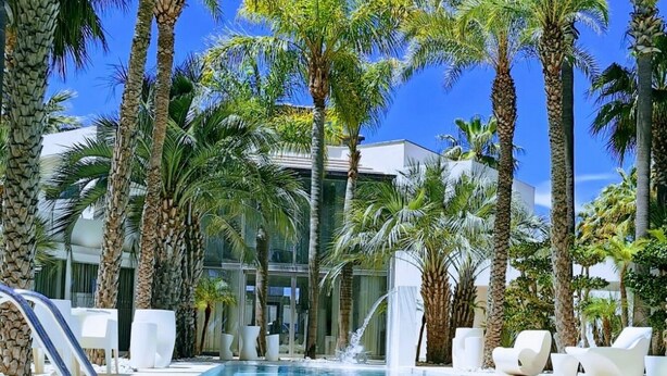 Area piscina con palme, cielo azzurro limpido e un edificio moderno sullo sfondo.