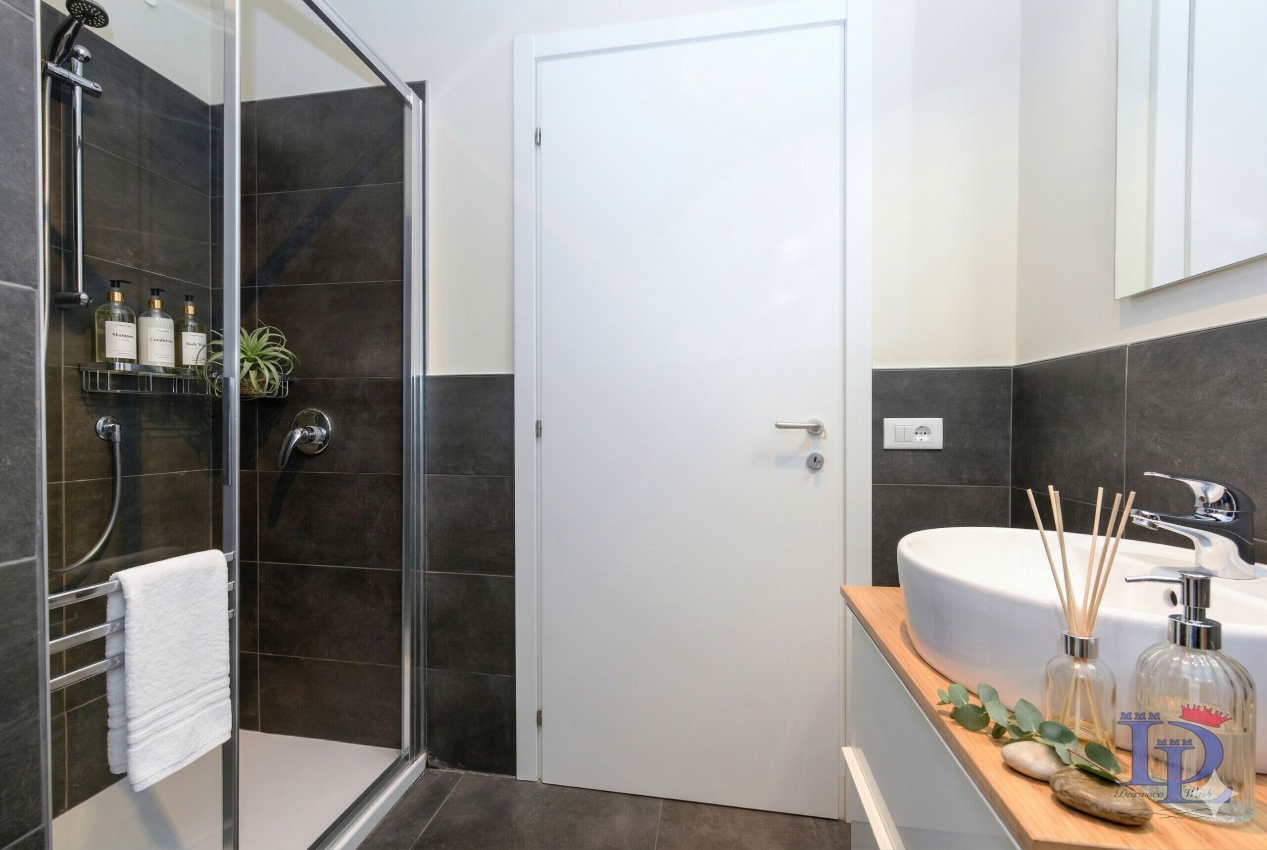 Shower, hair dryer, towels, shampoo
