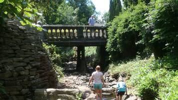 Un puente de piedra sobre un arroyo pedregoso en una zona boscosa.