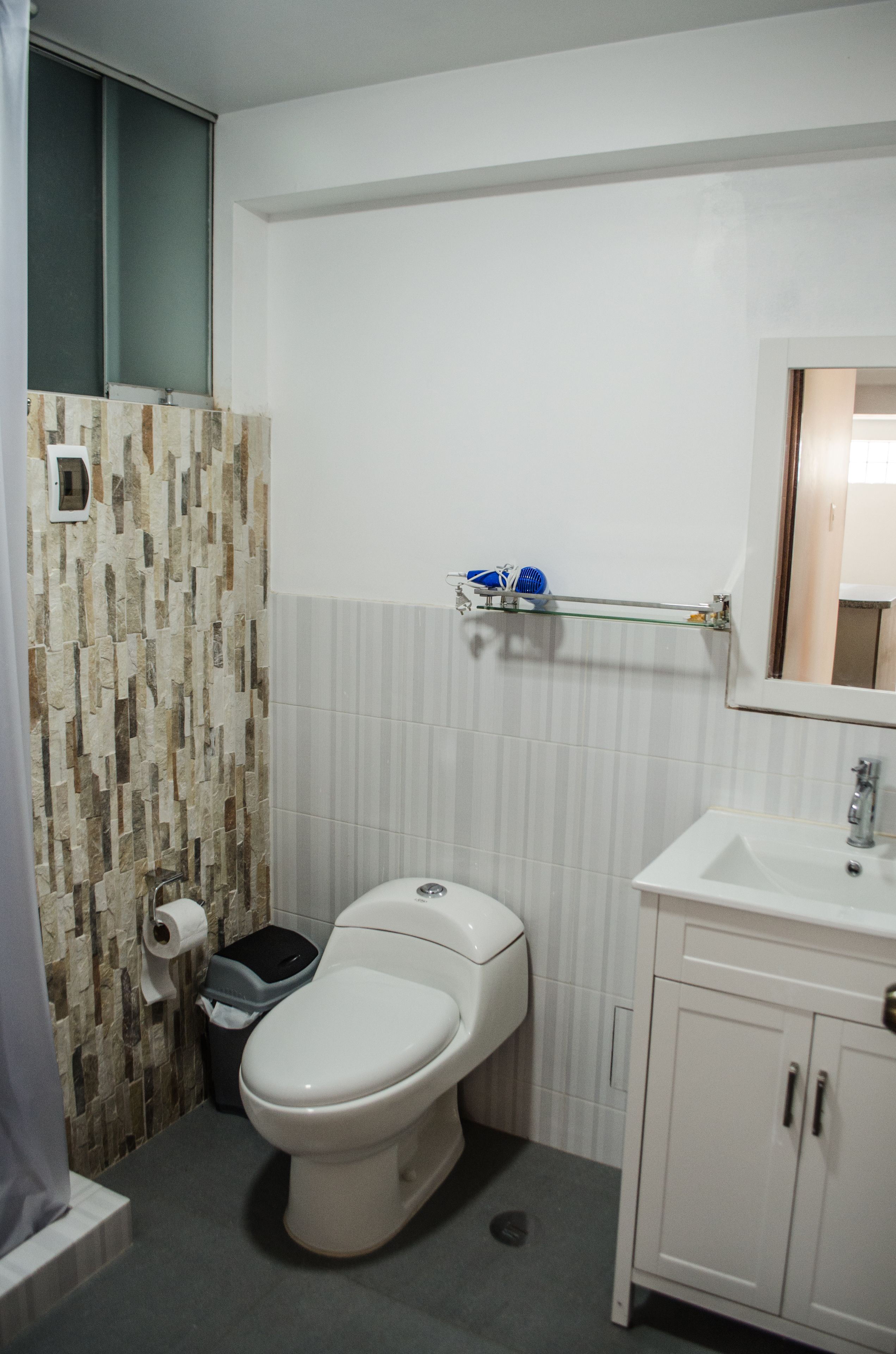 A bathroom with a toilet, a sink, and a shower area.