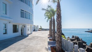 A modern hotel with a long, straight corridor leading to a balcony overlooking the sea. Palm trees line the path, and the building features large windows and a white facade. - Brighthouse (Suao)