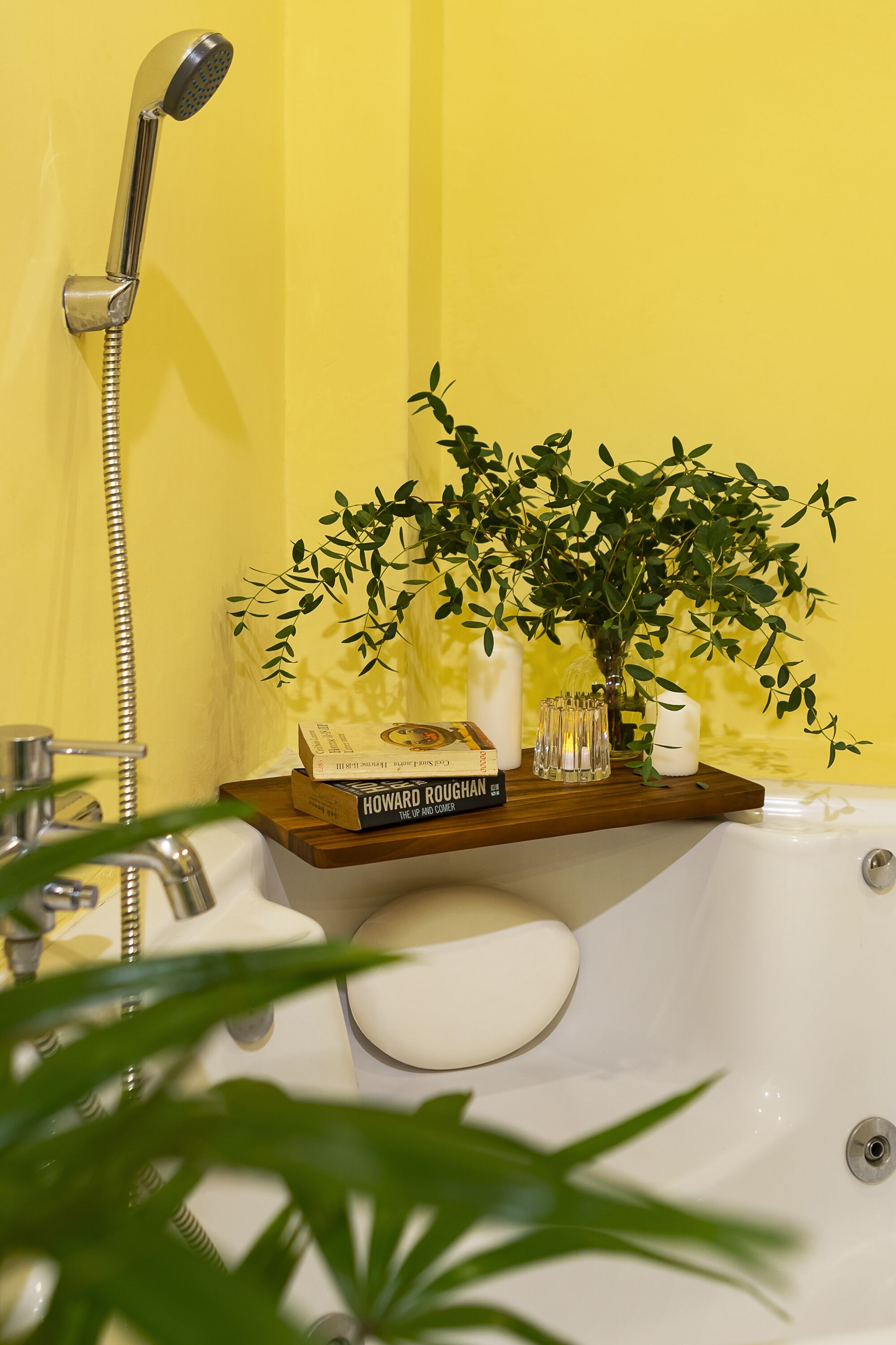 Un baño con bañera, ducha, repisa de madera con libros y velas, y una planta en maceta.