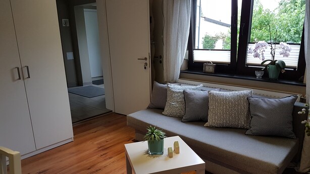 Un salon moderne avec un canapé, des coussins, une petite table sur laquelle est posée une plante, et une fenêtre donnant sur un paysage verdoyant.