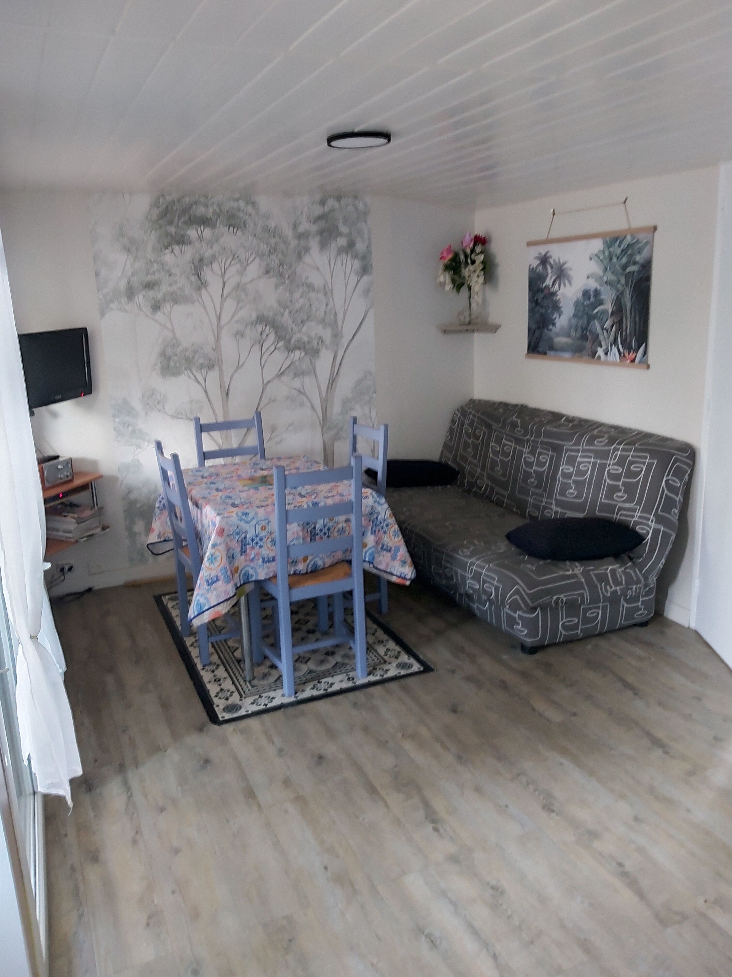 Un soggiorno con pavimento in legno, un divano, un tavolo da pranzo con sedie, una TV a muro e un quadro sopra il divano.