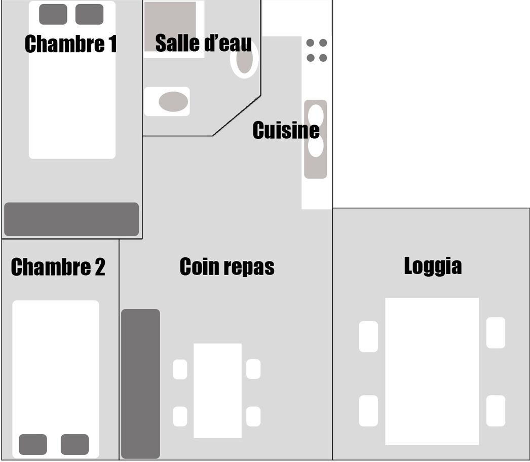 A hotel layout with two rooms, a bathroom, a kitchen, a dining area, and a storage room.
