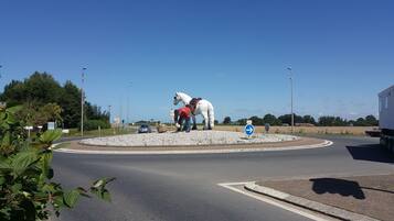 Un rond-point orné d’une statue de cheval blanc, avec un homme portant une veste rouge et un panneau de signalisation bleu.