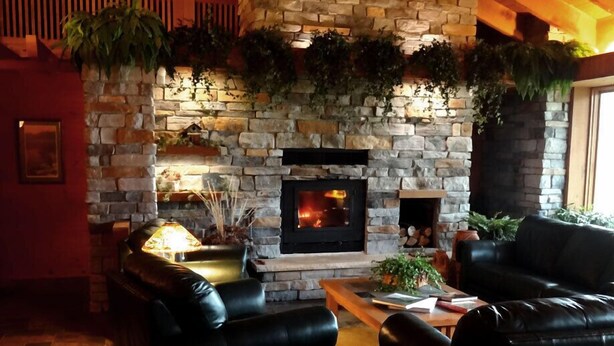 A cozy living room with a stone fireplace, leather sofas, and a wooden ceiling.