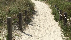 A sandy path leading to the beach with wooden posts and a rope barrier.