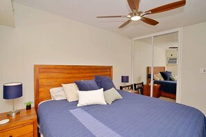 1 bedroom, desk, iron/ironing board, travel cot