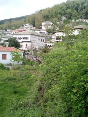A hillside village with traditional stone buildings, some with red-tiled roofs, surrounded by lush greenery.