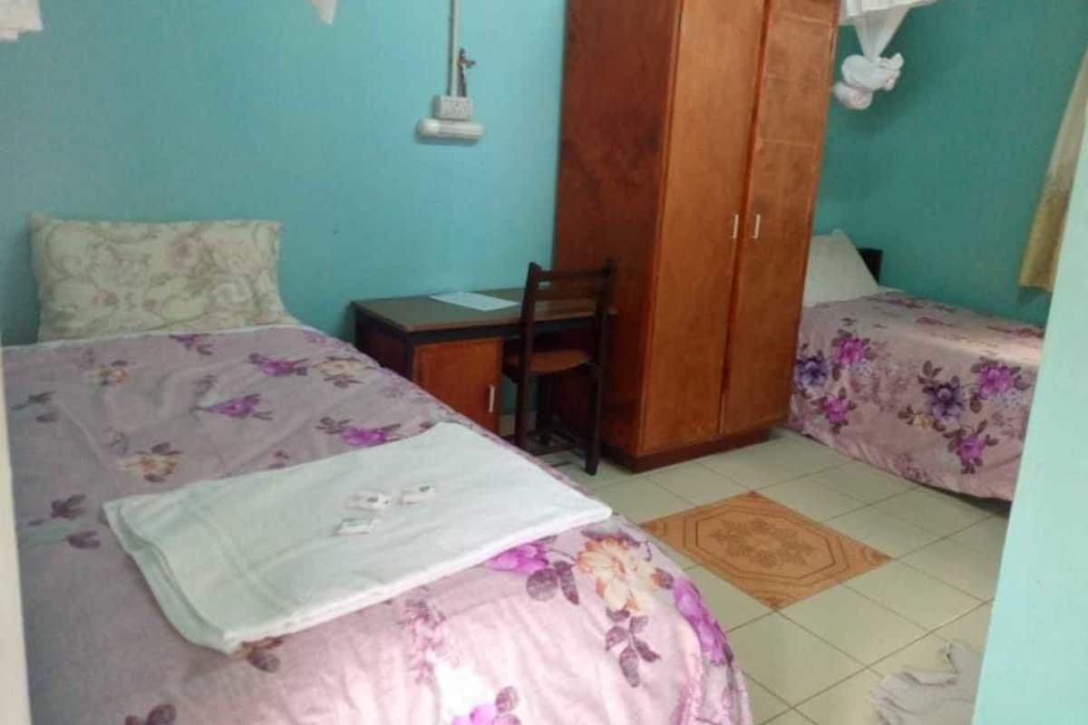 A bedroom with two beds, a wooden wardrobe, a desk, and a chair.