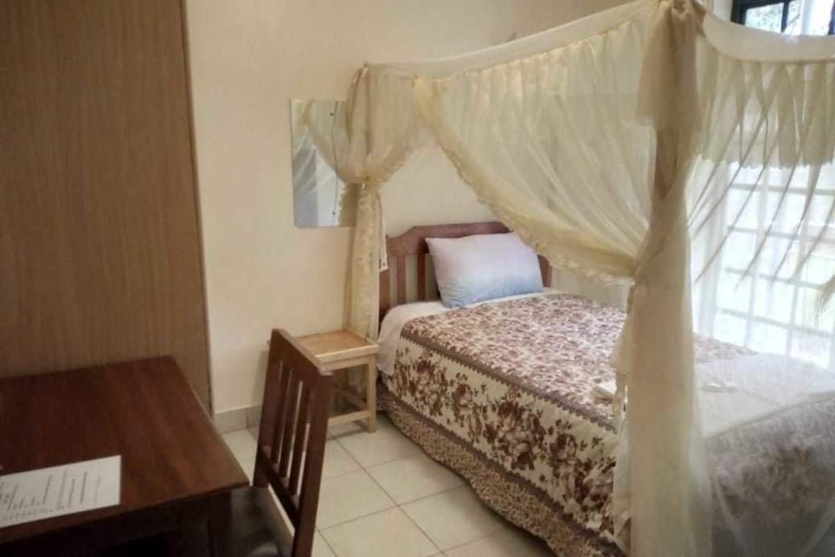 A bedroom with a bed under a canopy, a bedside table, and a chair.