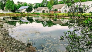A serene lakeside view with houses and a dock. - Free Daily Activities, Bikes,Grill, Pool&Tennis, BHChairs, 5 MINUTES from Beach! (Ocean View)