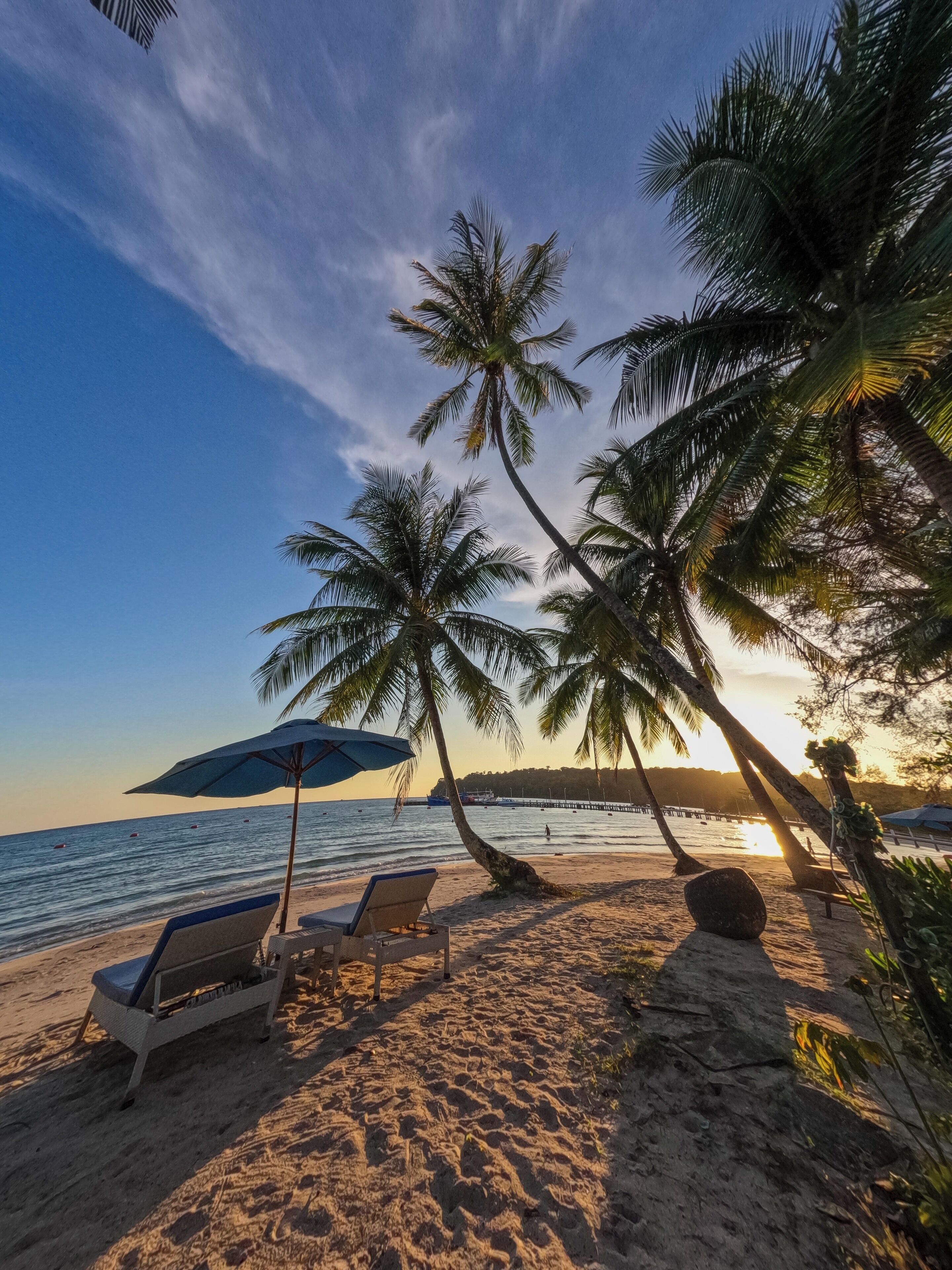A beach with lounge chairs and an umbrella, palm trees, and a sunset over the water.