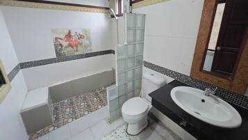 A bathroom with a white toilet, a sink, and a shower area.