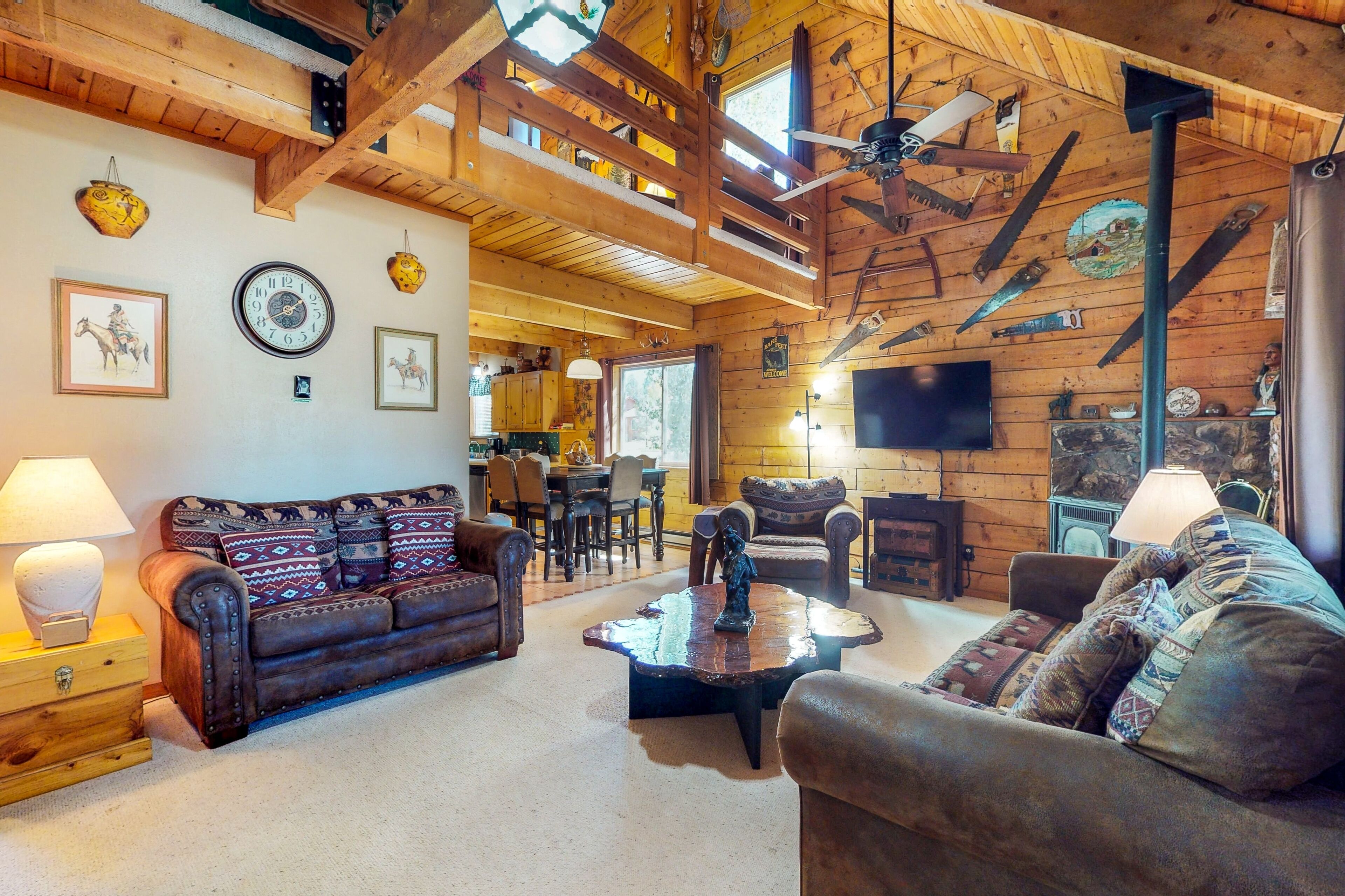 TV, fireplace, books