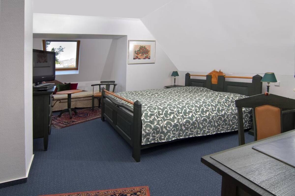 A bedroom with a bed, desk, chair, and a TV.