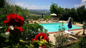 A pool area with lounge chairs and umbrellas, surrounded by lush greenery and a view of distant hills. - Agriturismo Casale dei Frontini (Todi)