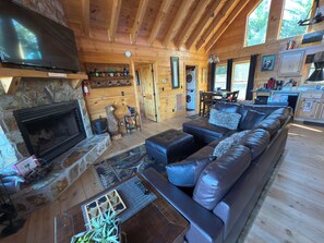 Smart TV, fireplace, books