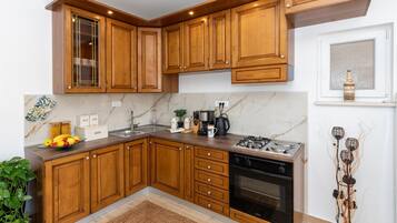 Fridge, stovetop, dishwasher, coffee/tea maker