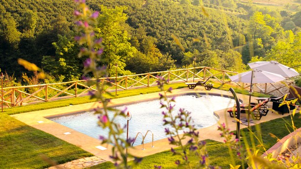 A swimming pool with a wooden deck and lounge chairs, surrounded by a lush green landscape. - Le Stanze della Musica (Borgomale)