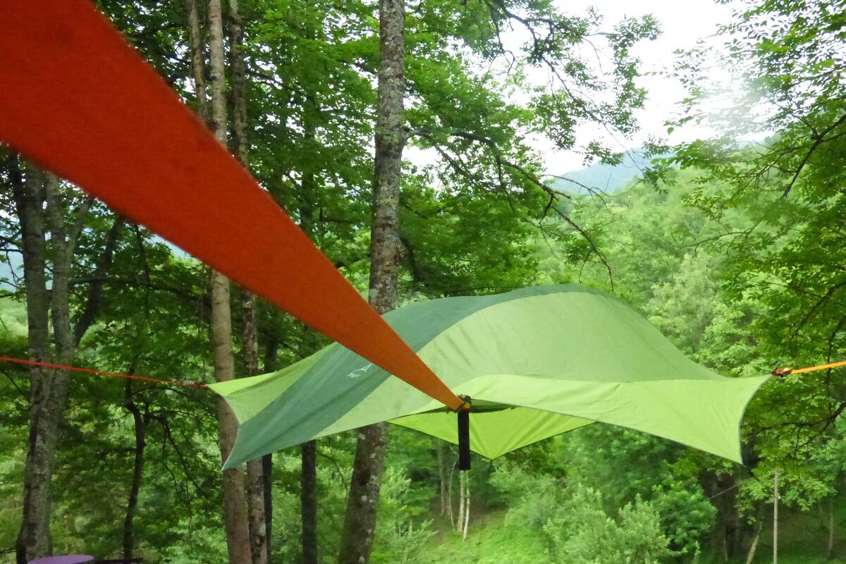 A tent set up in a forest with trees and a table in the background.