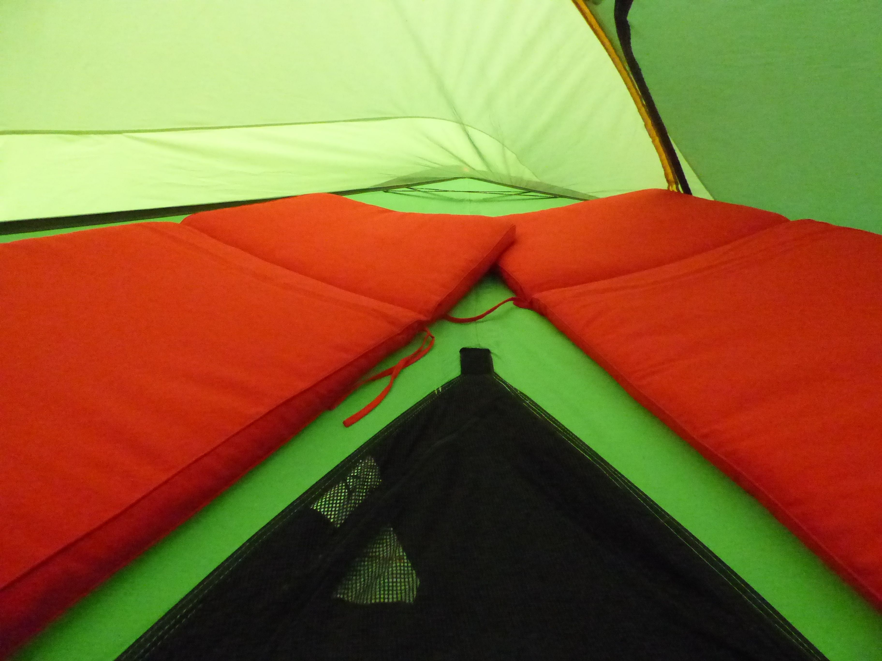 A green tent with red and black fabric walls and a black mesh floor.