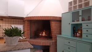 A kitchen with a brick oven, a potted plant, and a teal cabinet with glass doors. - B&B La Casa in Collina (Sarmede)