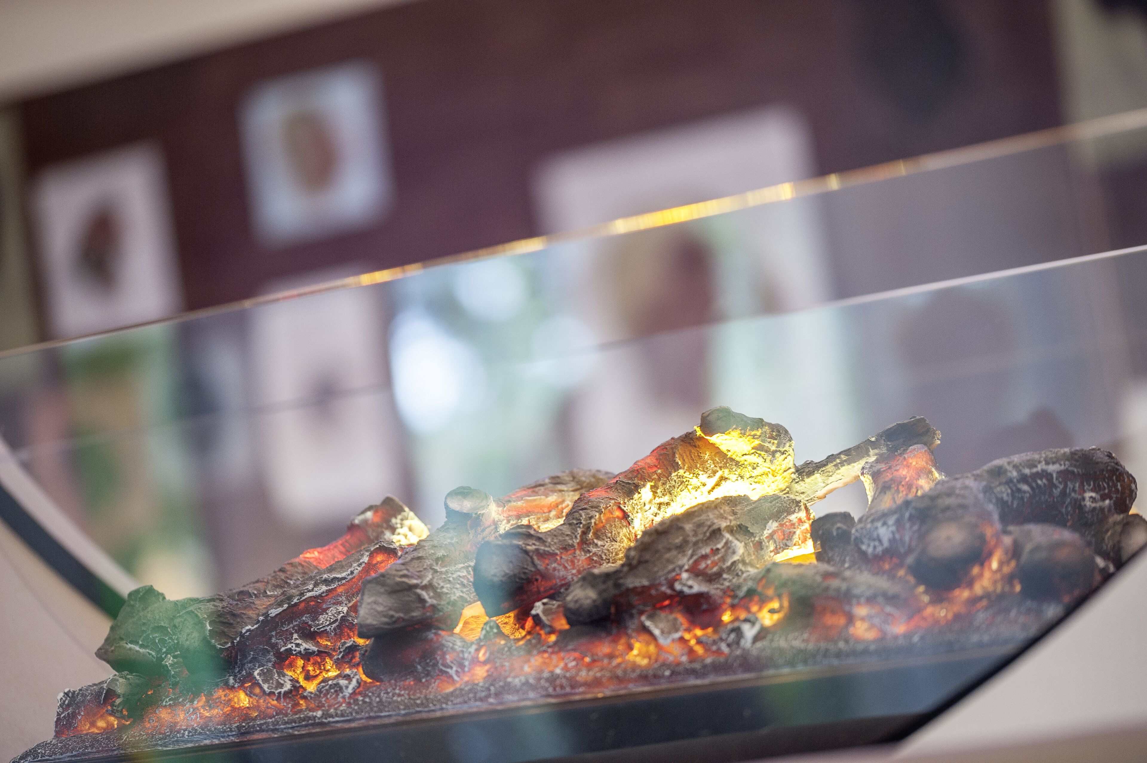 A glass partition with a view of a fire burning.