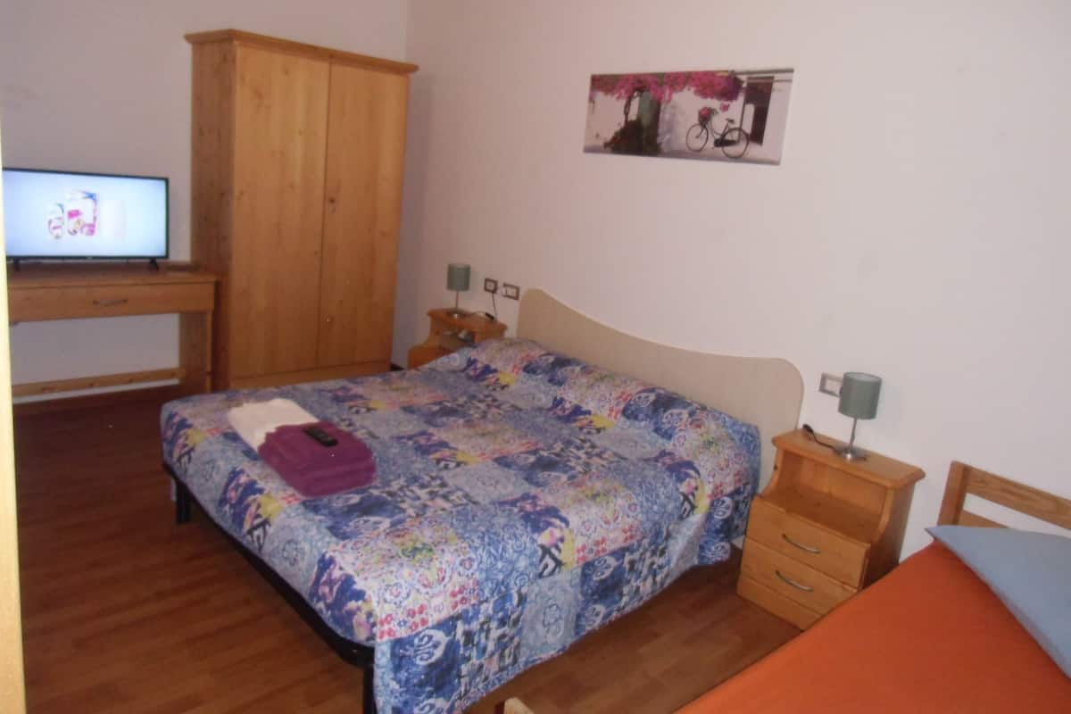 Un dormitorio con una cama, un armario de madera, un escritorio con televisor y un cuadro en la pared.