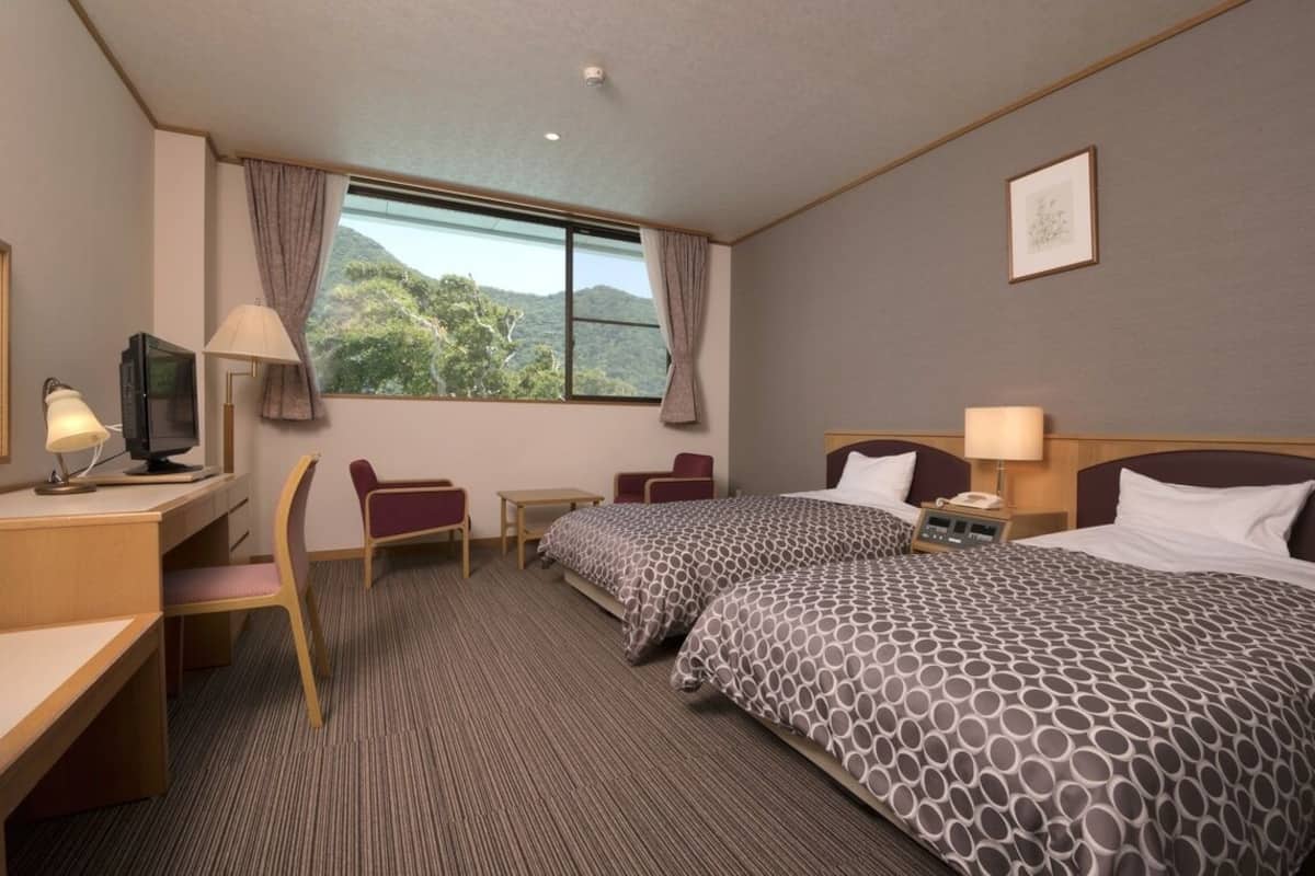 Habitación de hotel con dos camas, un escritorio, una silla, un televisor y una ventana con vistas a zonas verdes.
