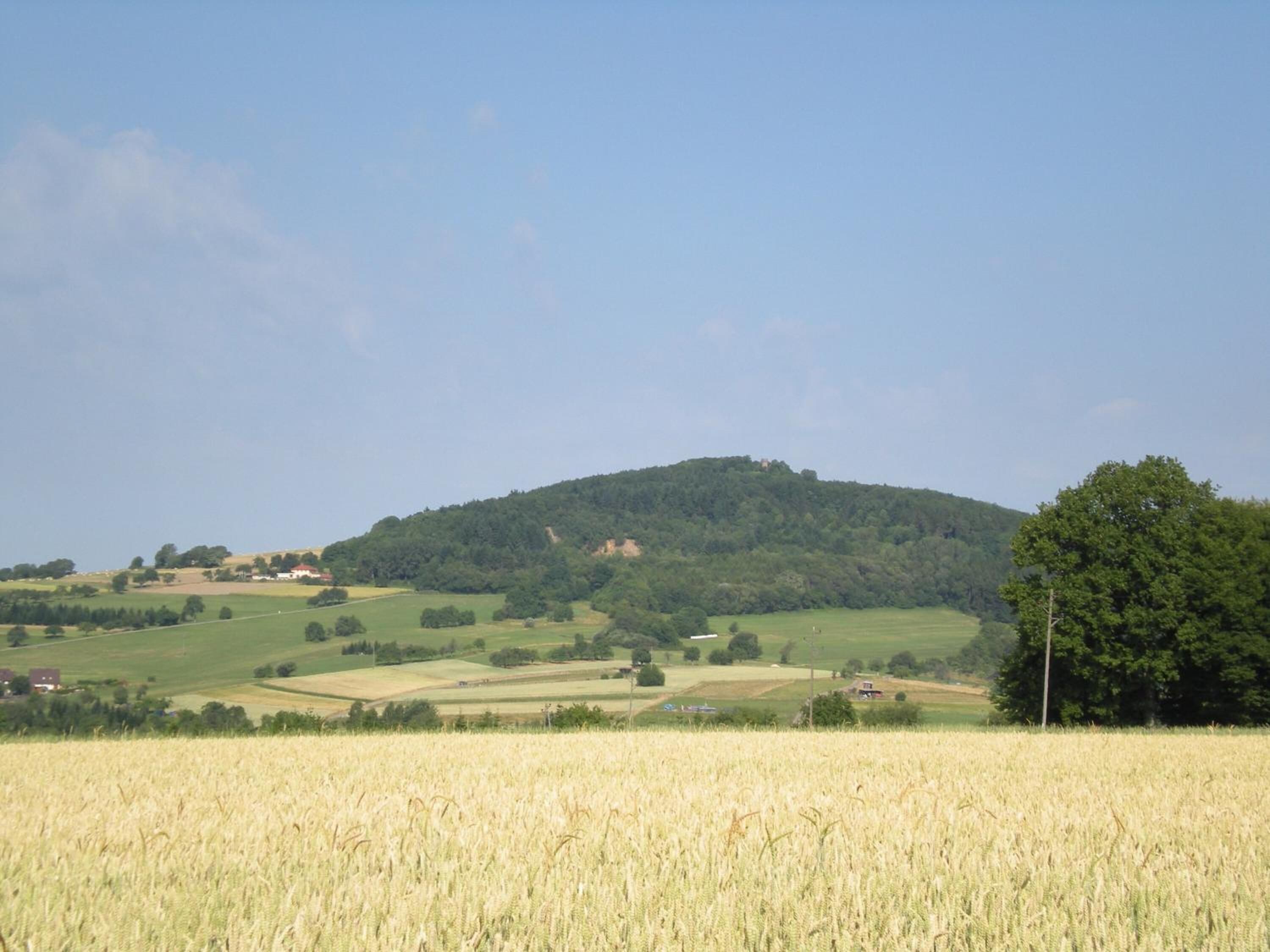 A rural landscape with a hill, fields, and scattered houses.