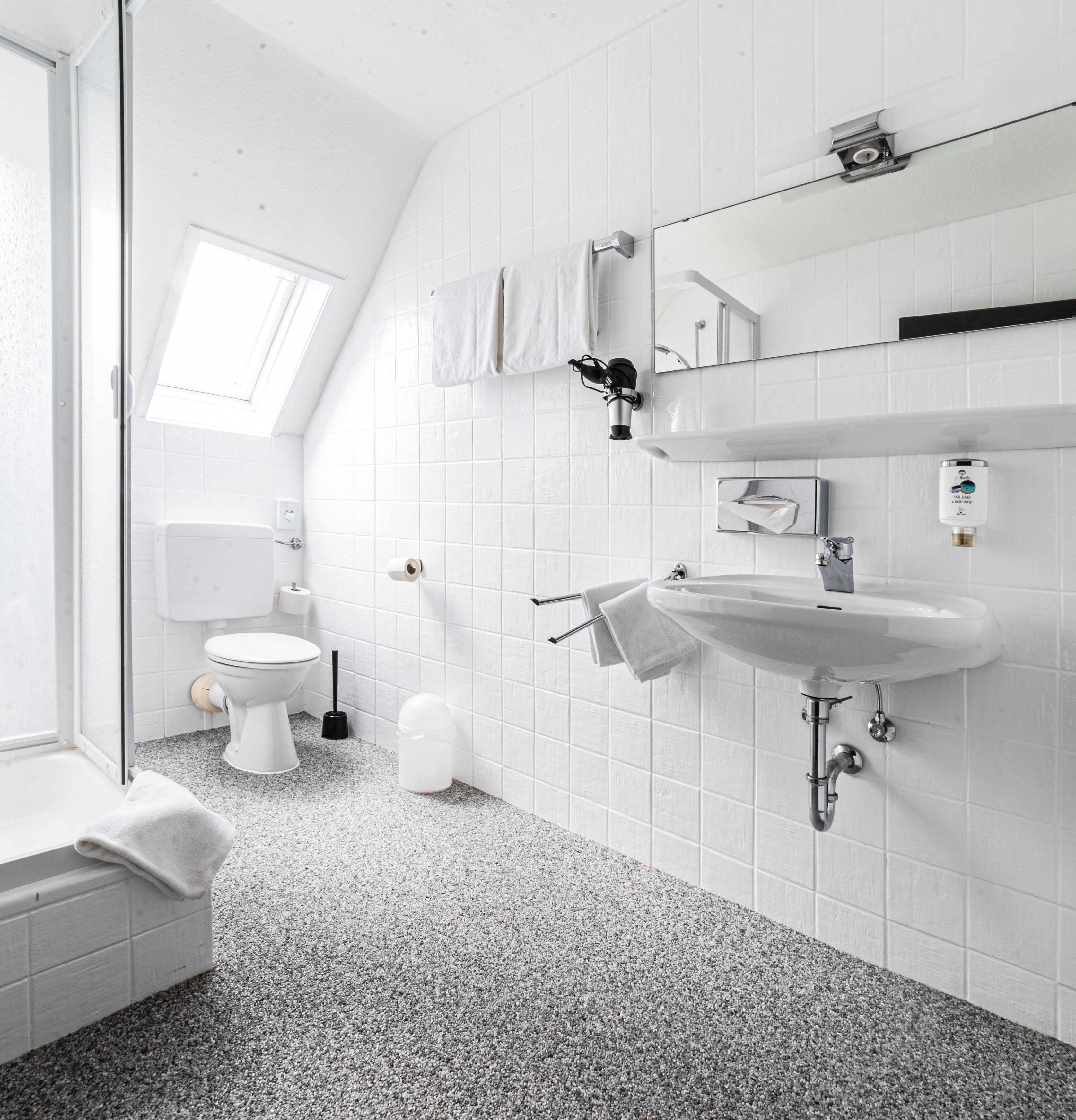 Een moderne badkamer met een wit toilet, een wastafel en een douche. Er is een raam dat voor natuurlijk licht zorgt en een handdoekhouder.