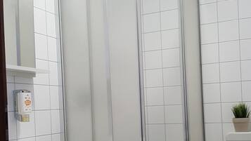 A bathroom with a white sink, a mirror, a shower enclosure, a toilet, and a small potted plant.