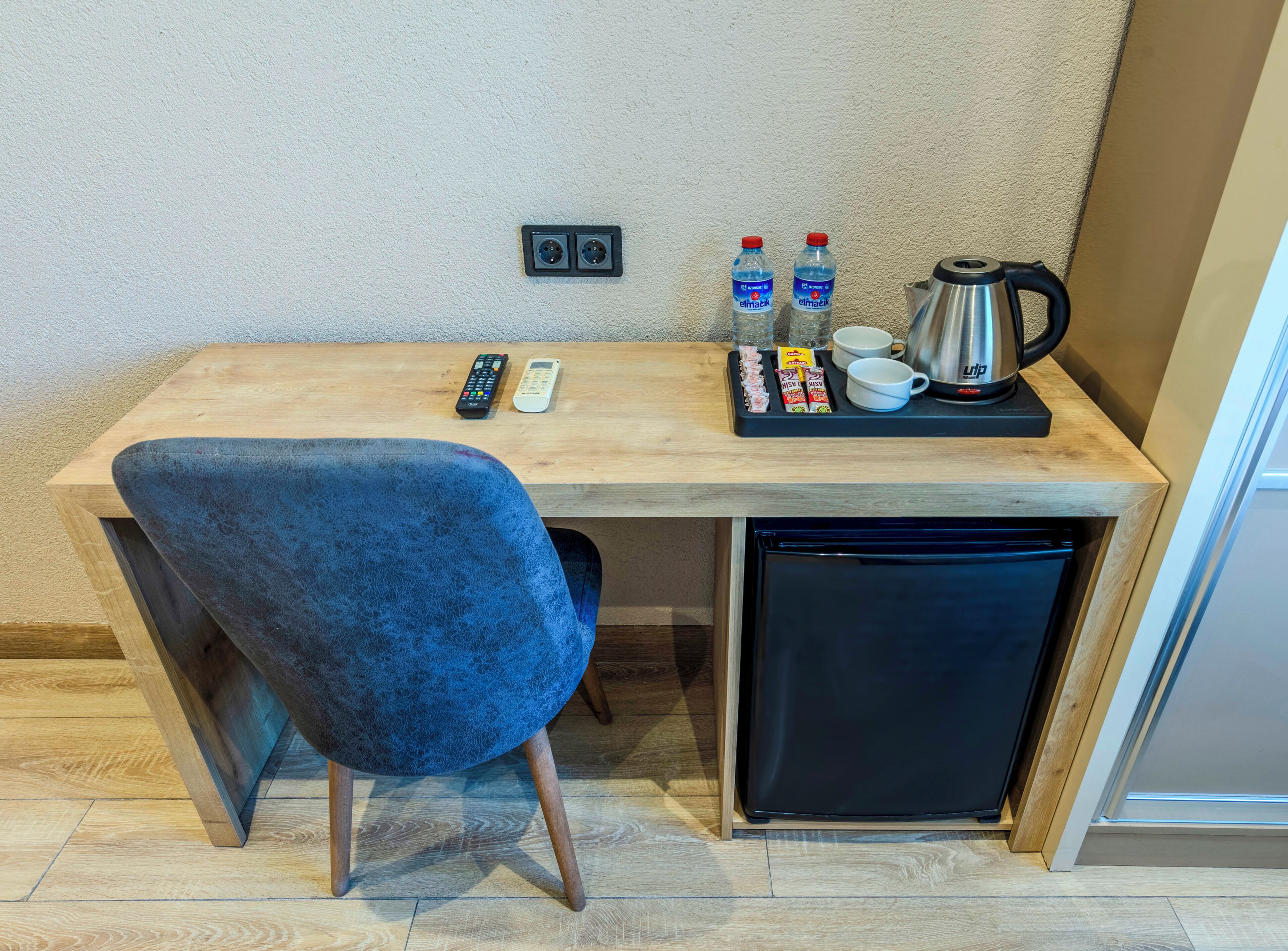 premium bedding, desk, laptop workspace, blackout curtains