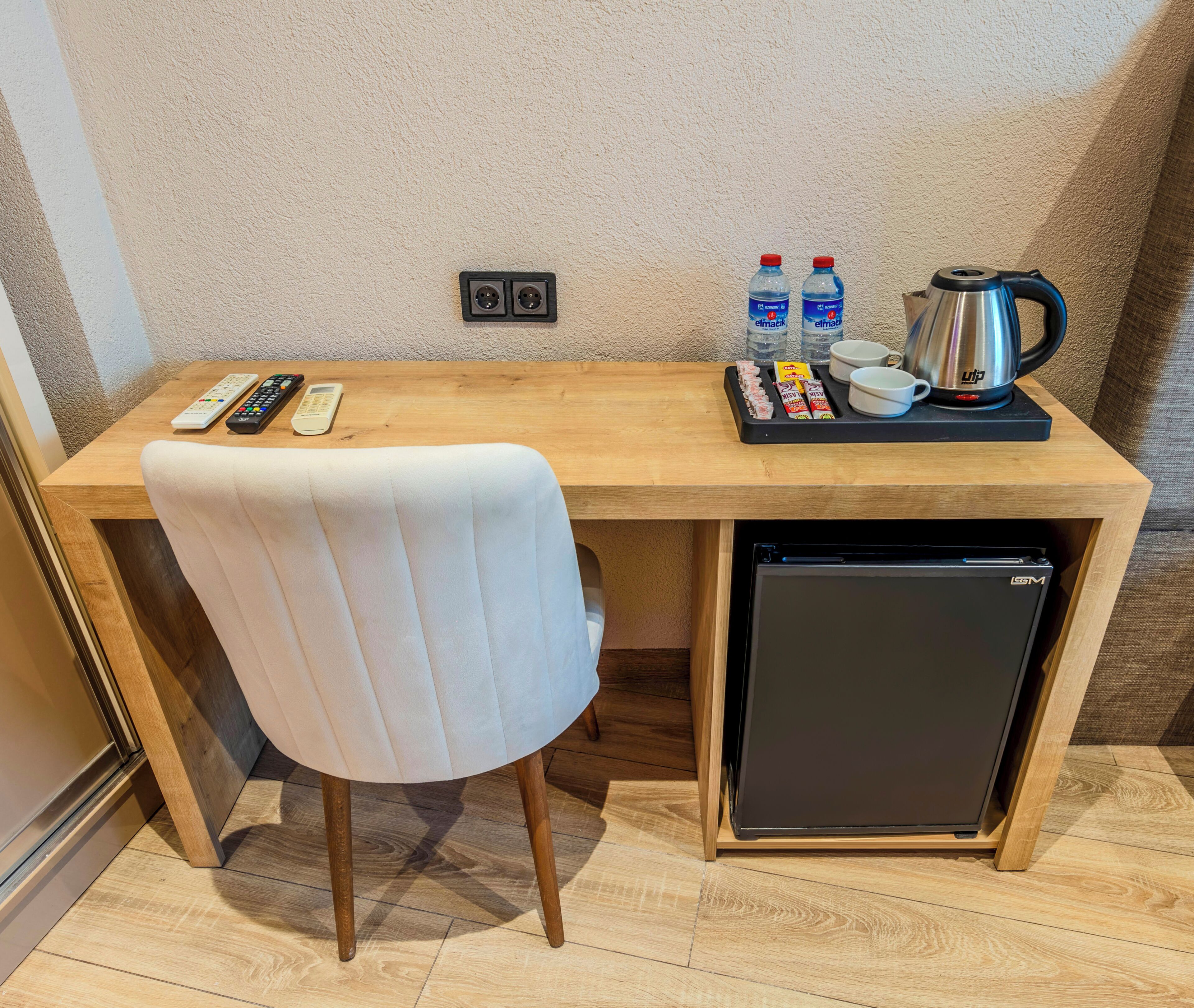 premium bedding, desk, laptop workspace, blackout curtains