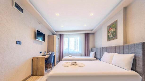 A hotel room with two beds, a desk, a chair, a television, and a painting on the wall. - Evim Hotel (Corlu)