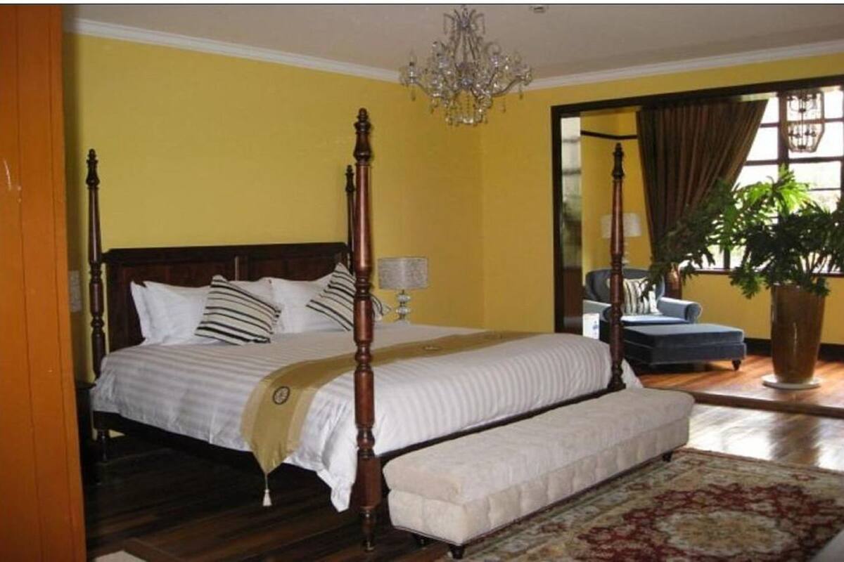 A four-poster bed with a wooden frame, a chandelier, a large potted plant, and a view of the outdoors through a window.