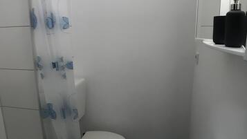 Appartement | Badkamer | Een douche, handdoeken, toiletpapier