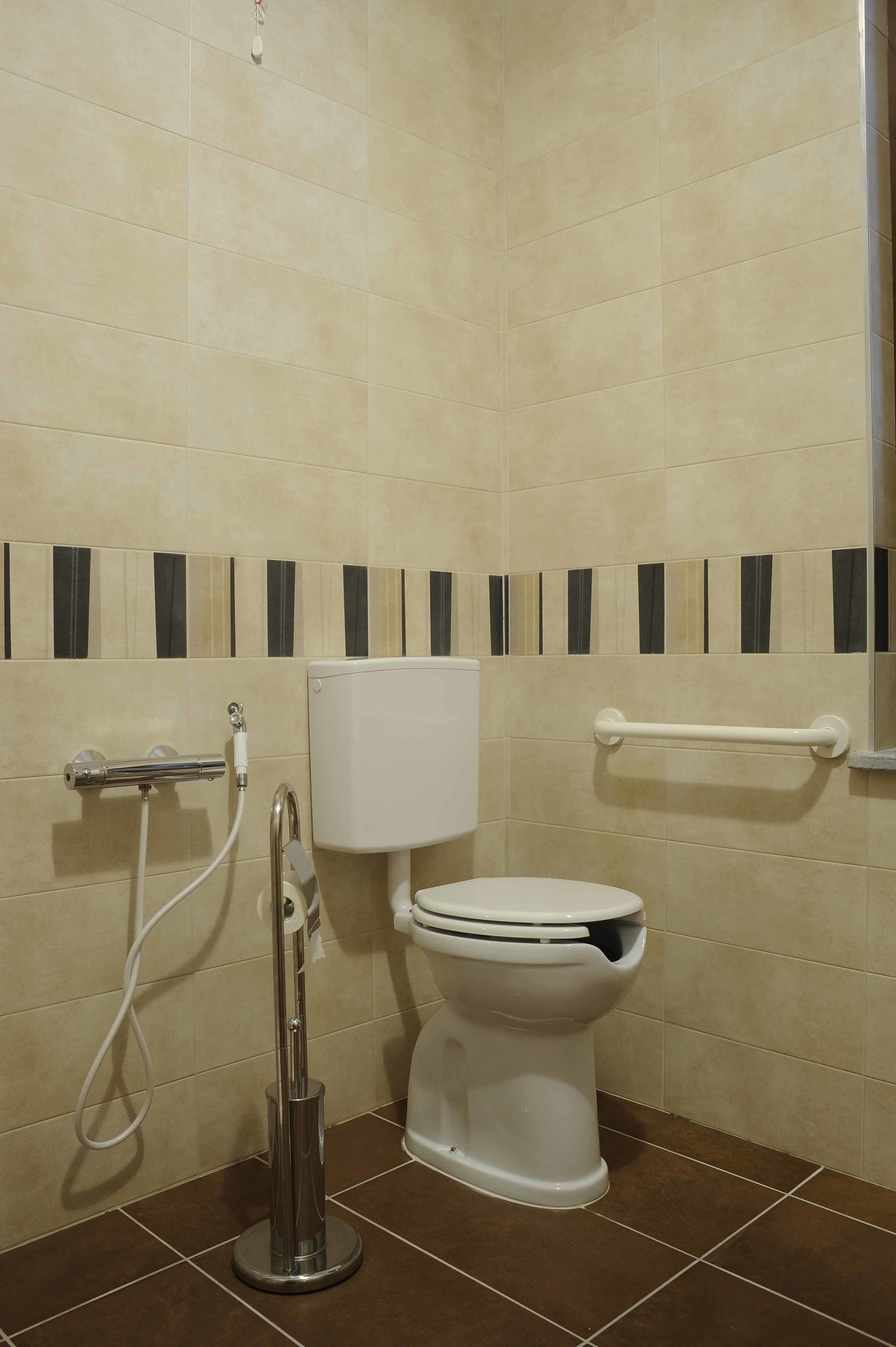 A bathroom with a toilet, a hand dryer, and a handrail.